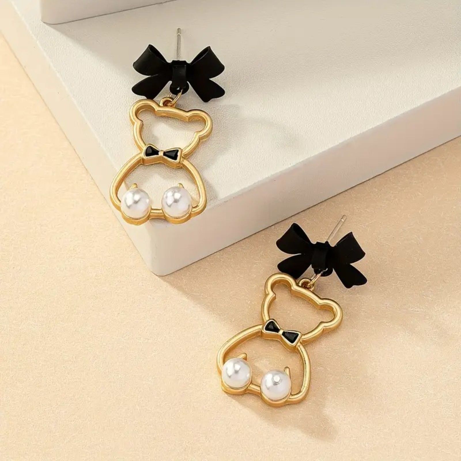 Cute Gold Teddy Bear Drop Earrings Black Bow Pearl Accent Jewelry 15$